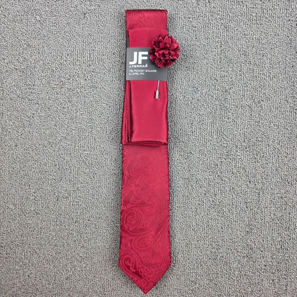 J. Ferrar Paisley Tie Pocket Square Lapel Pin Set Mens Red Formal Accessory OS